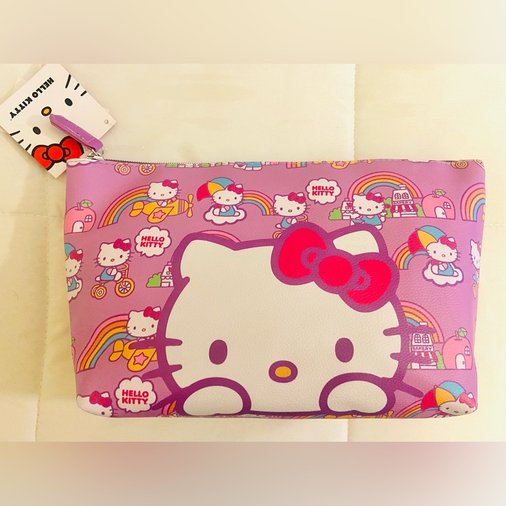Hello Kitty Purple Rainbow Makeup Bag Travel Pouch Zipper Sanrio Cute Kawaii NWT